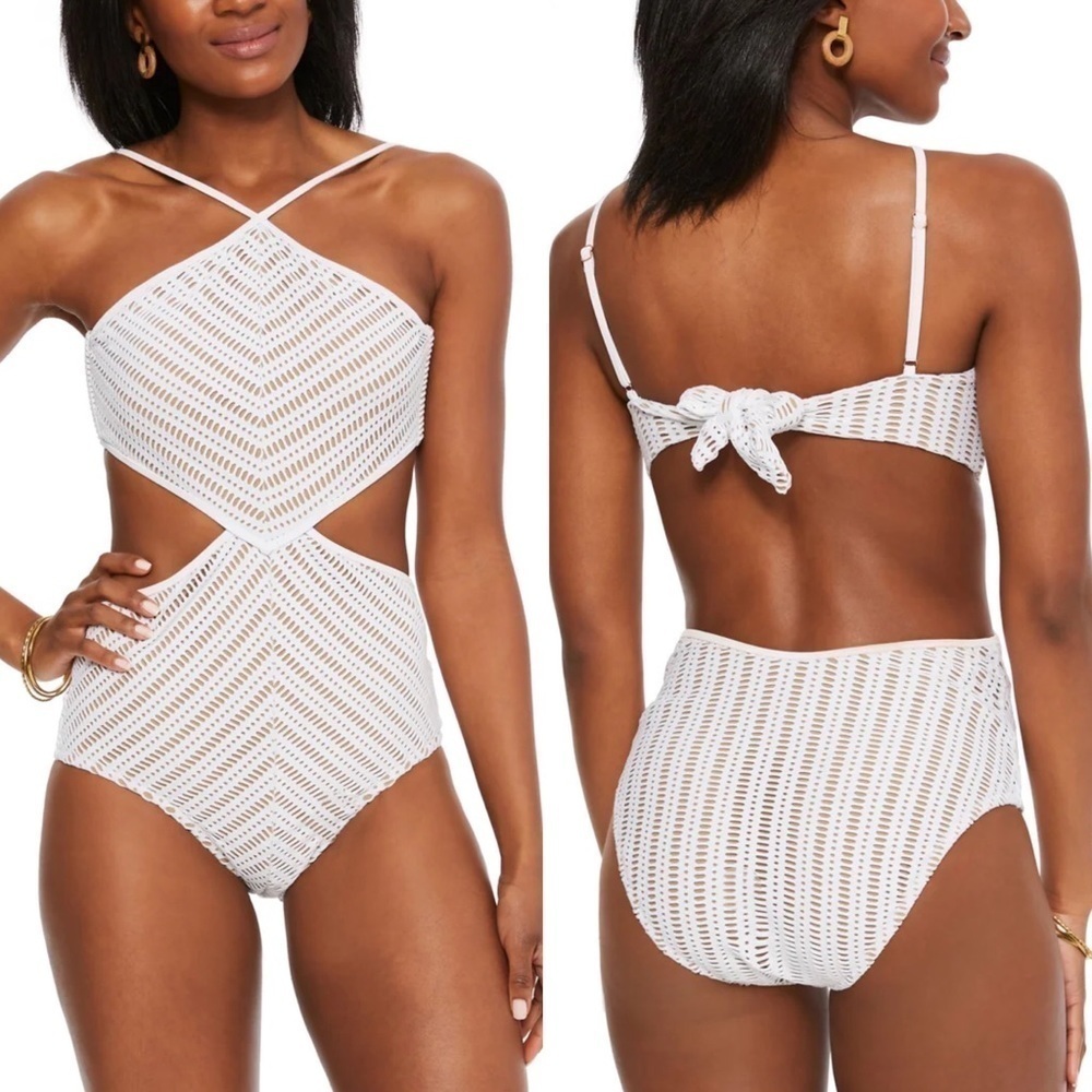 Bar III NWT High Neck Cutout Crochet Monokini Swimsuit XL boho one piece white